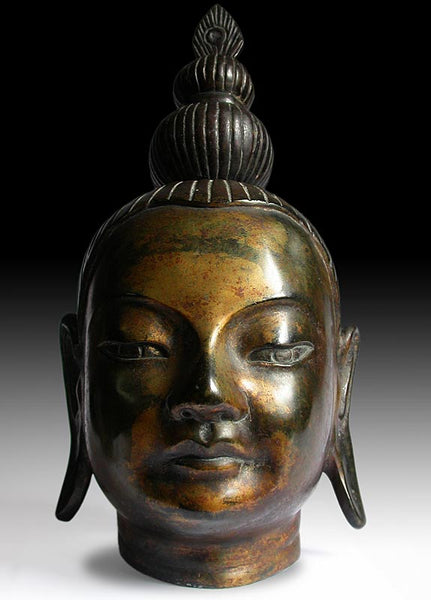 Large Antique Asian Bronze Shakyamuni Buddha Head Sculpture