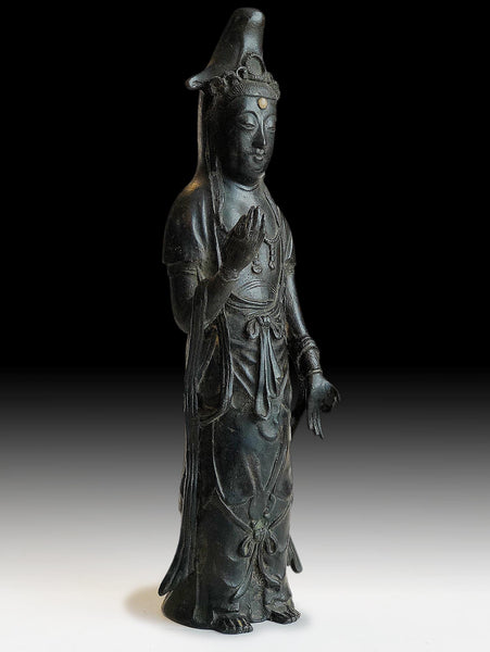 Antique Japanese Bronze Black Kannon Bosatsu Guan Yin Buddha Statue 觀世音菩薩