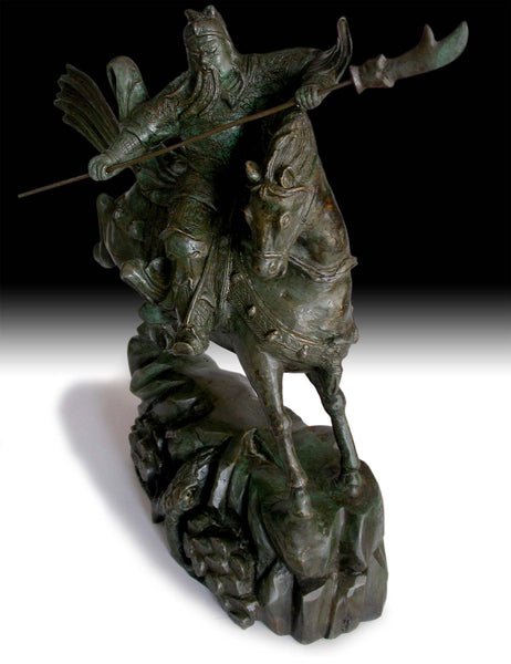 Antique Chinese Bronze Three Kingdoms God of War Guan Yu On Horse Statue 15"H 戰神關羽