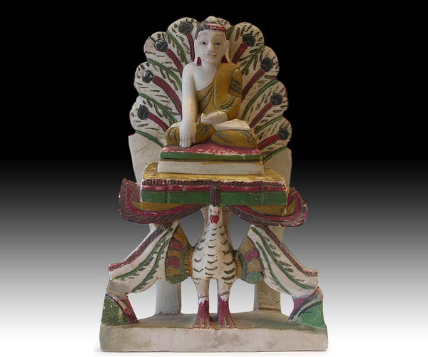 19th Century Burmese Amitabha Buddha On Peacock Marble Stone Shrine