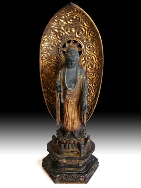 19th Century Japanese Edo Carved Gilt Wood Amida Nyorai 阿弥陀如来 Buddha Statue Family Shrine