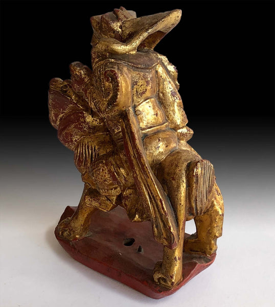 Qing Dynasty God of Wealth On Foo Dog Lion Gilded Lacquered Wood Statue