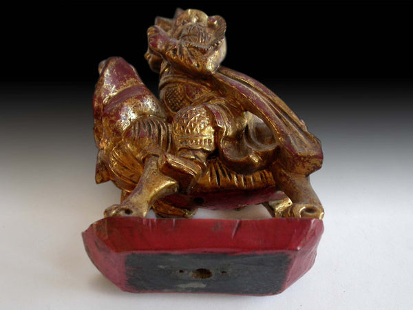 Qing Dynasty God of Wealth On Foo Dog Lion Gilded Lacquered Wood Statue