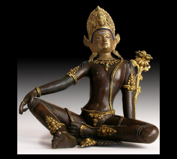 19th Century Jeweled Gilt Bronze Indra Antique Tibetan Nepal Buddha Statue 帝释天