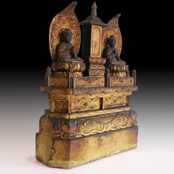 Antique Nichiren Lotus Sutra Butsudan Japanese Gilt Wood Two Buddhas Shrine 日蓮大聖人