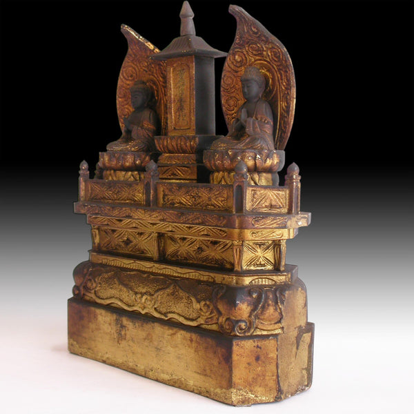 Antique Nichiren Lotus Sutra Butsudan Japanese Gilt Wood Two Buddhas Shrine 日蓮大聖人