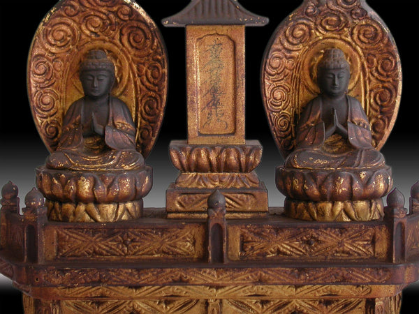 Antique Nichiren Lotus Sutra Butsudan Japanese Gilt Wood Two Buddhas Shrine 日蓮大聖人