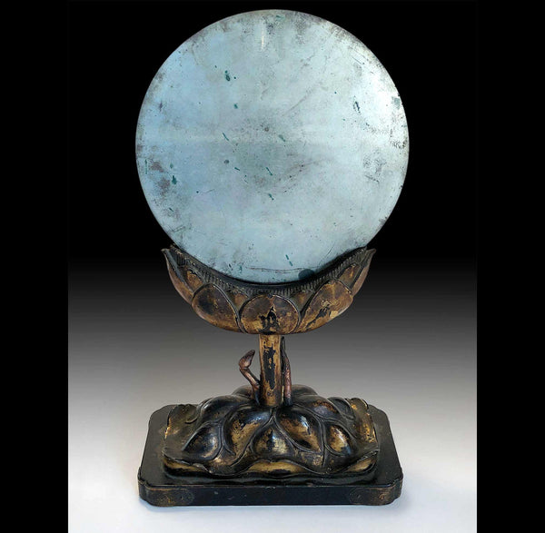 Antique Japanese Edo Bronze Shinto Kagami Hokyo Mirror on Gilt Wood Lotus Pedestal 宝鏡