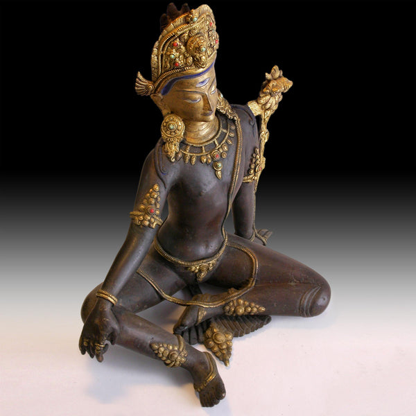 19th Century Jeweled Gilt Bronze Indra Antique Tibetan Nepal Buddha Statue 帝释天